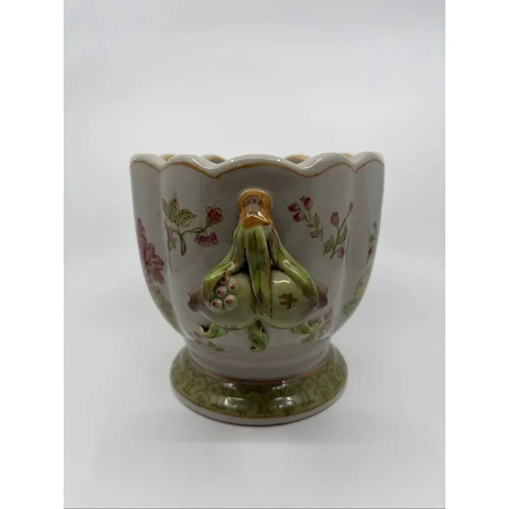Vintage Chinese Jarndiniere Crackle Glazed Fruit Handles Hand Painted 7 Inches